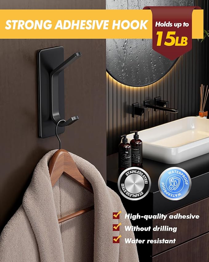 Auxmir Self Adhesive Hooks for Hanging 15lb, Stainless Steel Wall Hooks for - Image 2