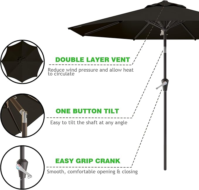 AreShark 9 FT Patio Umbrella for Outdoor, Outdoor Umbrella with Push Button Tilt and Crank, Outdoor Patio Umbrellas with 8 Sturdy Ribs for Market, Garden, Deck, Backyard, Pool (Classic Black) - Image 2
