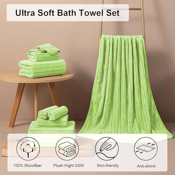 4 Pcs Grass Green Cabana Stripe Large Bath Towels 35"x70" Oversized Bath Sheet - Image 2
