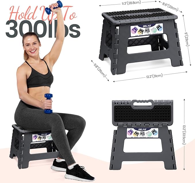 Delxo Folding Step Stool 9 Inch,Non-Slip Foldable Stools for Kids & Adults Up to 300 LBS,Kitchen Collapsible Fold Up Stepping Stool with Dotted 1 Pack,Gray - Image 3
