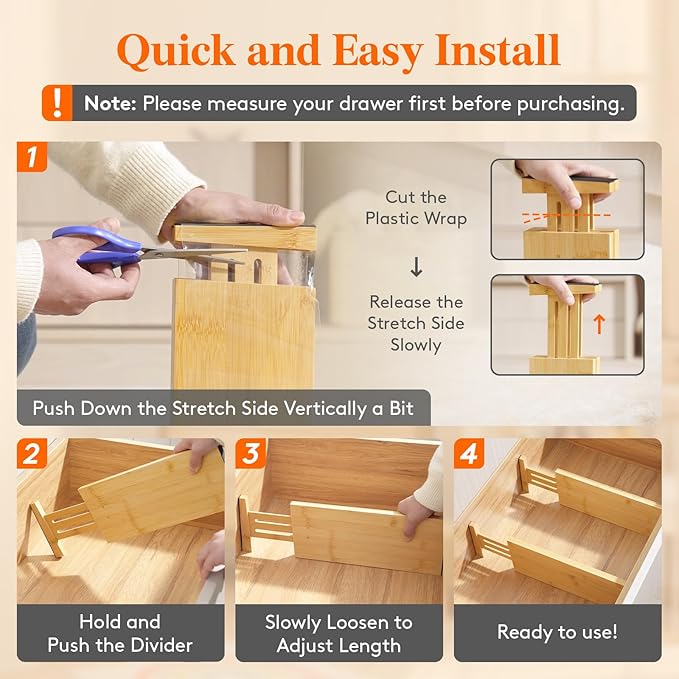 Lifewit 5" High 6 Pack Bamboo Drawer Dividers 33-42cm/13-16.5" Adjustable - Image 6