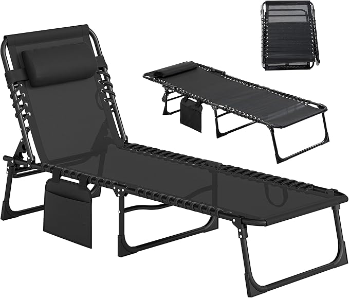 Outsunny Chaise Lounge Chair Outdoor, 5-Position Adjustable Sun Tanning Chair with Carrying Handle and Side Pocket, Folding Bed Cot with Removable Pillow for Garden, Beach, Patio, Pool, Camp, Black by Outsunny