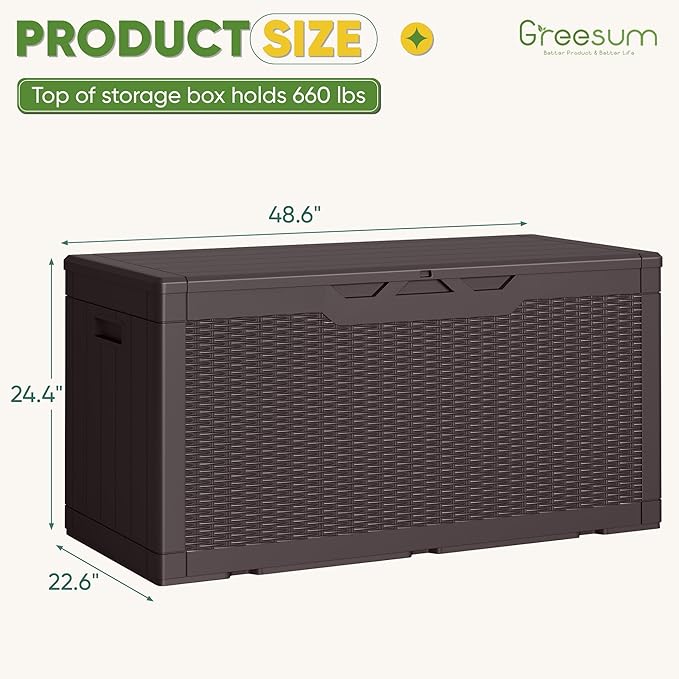 Greesum Outdoor Storage Box 100 Gallon Storage Bin with Lid for Patio Furniture, Garden Tools, Pool Supplies, Lockable, Waterproof and UV Resistant, Dark Brown - Image 7