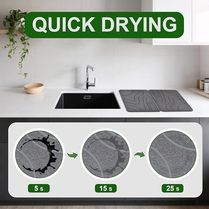 Stone Drying Mat for Kitchen Counter, 2 Pack 16''x12'' Quick Dish Drying Stone - Image 5