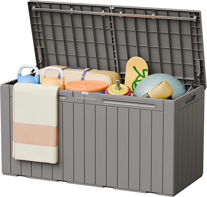 Greesum 110 Gallon Outdoor Storage Box with Lockable Lid, All-Weather Solution for Patio Furniture, Pool Supplies & Garden Tools, Waterproof, UV-Resistant Large Deck Box, Light Coffee by BuynowfromGreesum