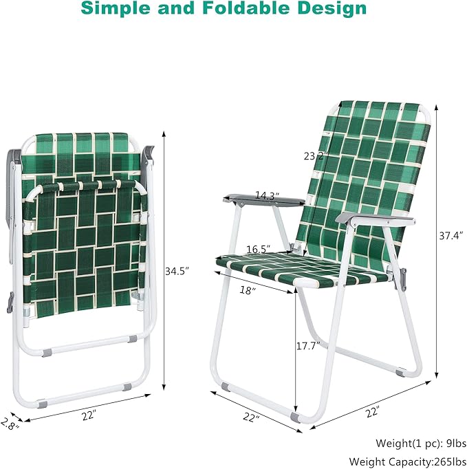 VINGLI Patio Lawn Webbed Folding Chairs Set of 2, Outdoor Beach Chair Portable Dining Chair for Outdoor Yard, Garden (Dark Green, Classic) - Image 4