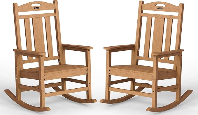Ciokea Oversized Outdoor Rocking Chairs Set of 2, 380lbs Heavy-Duty Large Patio Rocker, High Back Cozy Porch Chairs, Weather Resistant Patio Rocking Chairs for Outside, Fire Pit, Deck, Teak by CIOKEA