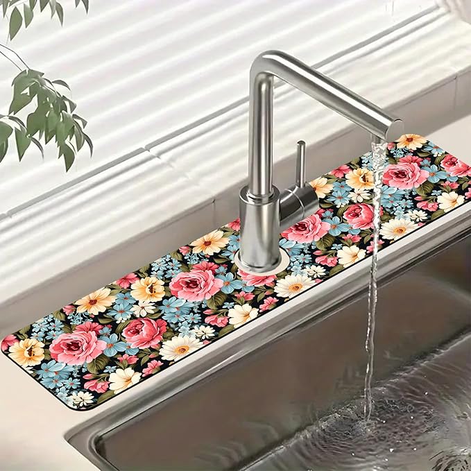 Colorful Flowers Sink Faucet Absorbing Mat Vintage Floral Super Absorbent Fast by Unknown