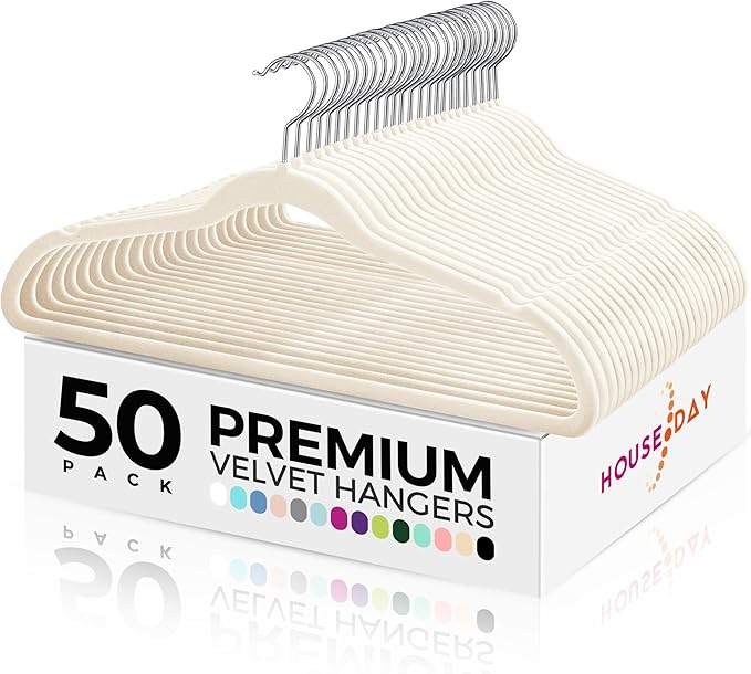 HOUSE DAY Premium Velvet Hangers 50 Pack Ivory, Non-Slip Flocked Felt Hangers by HOUSEDAY