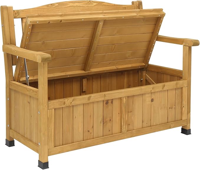 Outvita Outdoor Wood Storage Bench, Wooden Large Deck Box with Seating & Armrest, Waterproof Patio Organizer Loveseat for Garden Porch Deck Backyard Poolside(Yellow) - Image 6
