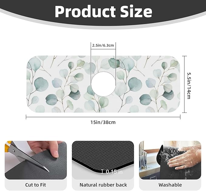 Sage Green Leaves Watercolor Branch Plant Kitchen Sink Splash Guard Faucet Mat - Image 2