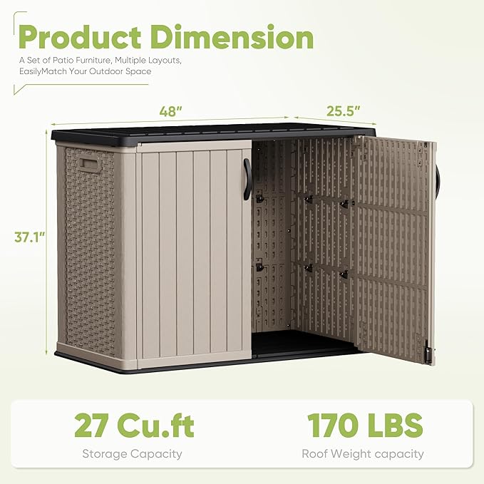 Devoko Outdoor Storage Cabinet 26 Cu Ft with Lockable Doors, Horizontal Storage Shed Waterproof Patio Tools Storage Box for Sofa Cushions, Gardening Tools and Accessories (Beige) - Image 7