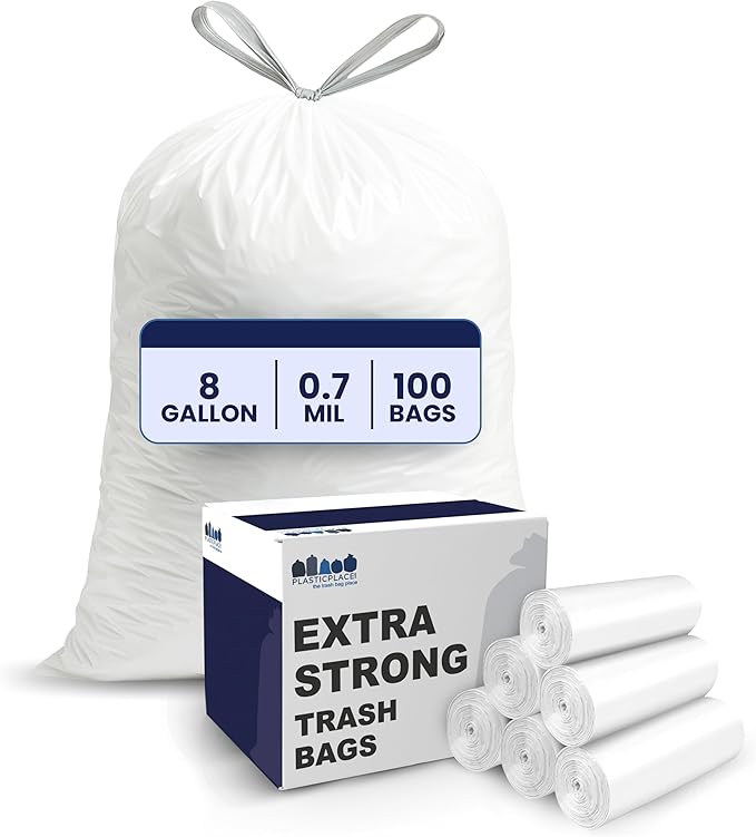 Plasticplace 8 Gallon Trash Bags: Premium White Drawstring Garbage Bag by Plasticplace