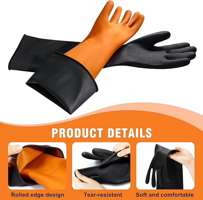 22"Black Anti-Slip Chemical Resistant Rubber Gloves, Long Heavy Duty Glove - Image 3