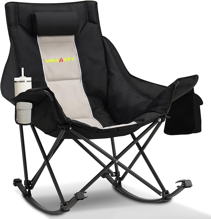 Oversized Rocking Camping Chair with Headrest & Cup Holder - 400lbs Capacity, 600D Oxford Fabric, Easy Fold Portable Outdoor Rocker Chair for Camping, Backyard, Beach, Light Gray by Unknown