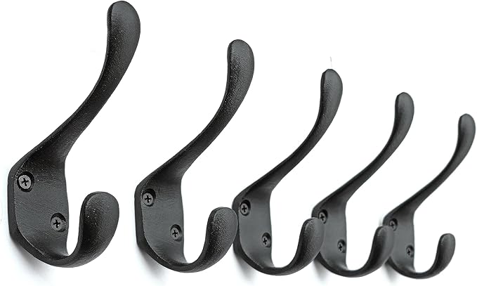 5 Pack Decorative Cast Iron Heavy Duty Double Hooks, Wall Mounted Coat Hooks - Image 2