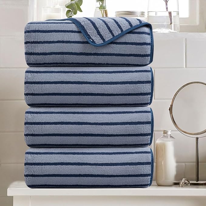 Oliven 4 Piece Navy Cabana Stripe Large Bath Towels Oversized Bath Sheet Super by Oliven