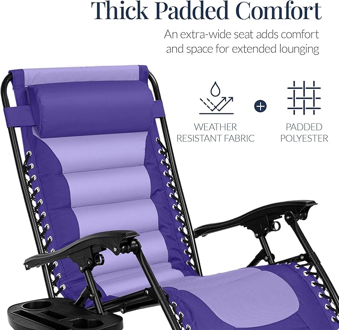 Best Choice Products Oversized Padded Zero Gravity Chair, Folding Outdoor Patio Recliner, XL Anti Gravity Lounger for Backyard w/Headrest, Cup Holder, Side Tray, Polyester Mesh - Purple/Violet - Image 4