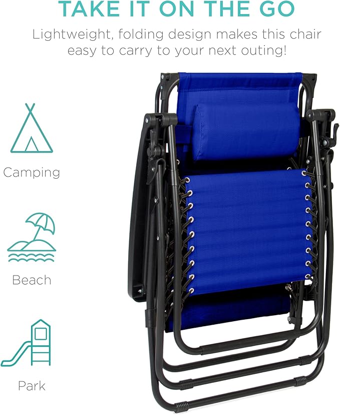 Best Choice Products Folding Zero Gravity Outdoor Recliner Patio Lounge Chair w/Adjustable Canopy Shade, Headrest, Side Accessory Tray, Textilene Mesh - Cobalt Blue - Image 8