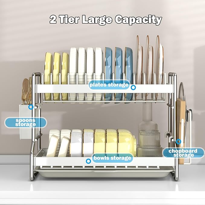 2 Tier Dish Drying Rack Dishes Organizer Rack Double Decker - Image 2