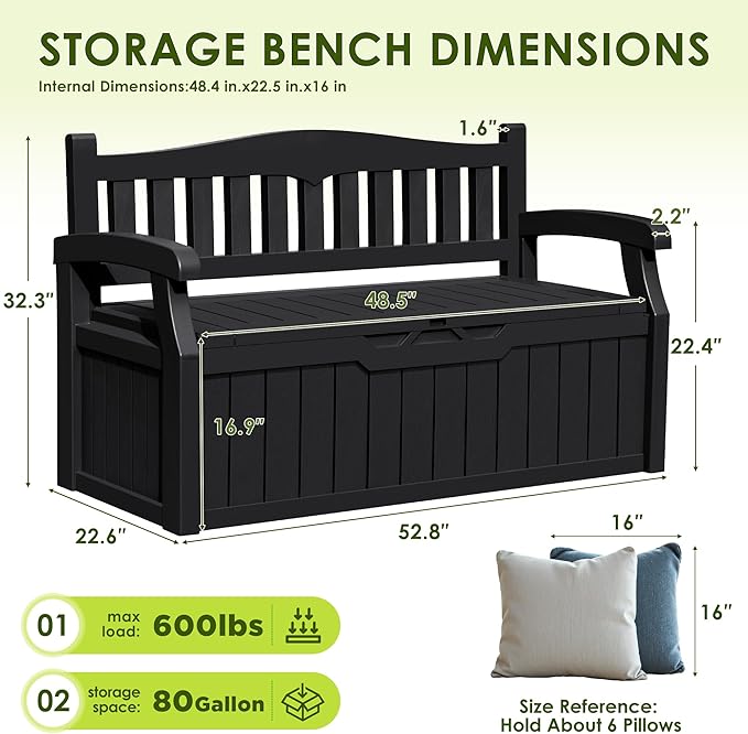 Greesum 80 Gallon Outdoor Storage Bench, Weather-Resistant Deck Box, Patio Furniture Bench for Backyard, Garden, Porch, Large Capacity Seat for Pillows Cushions Patio Accessories, Dark Black - Image 3