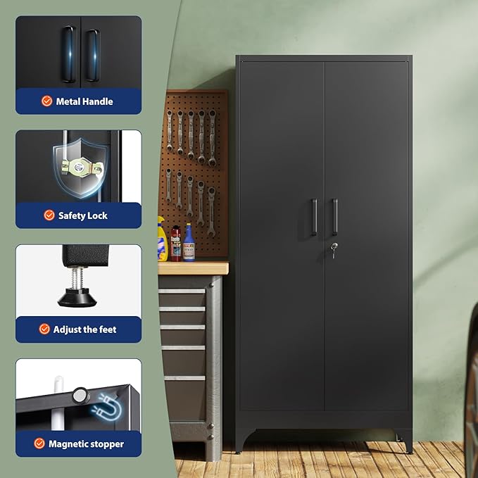 Yizosh Metal Garage Storage Cabinet with 2 Doors and 4 Adjustable Shelves - 71" Steel Lockable File Cabinet,Locking Tool Cabinets for Home,Office,Garage,Gym,School - Image 4