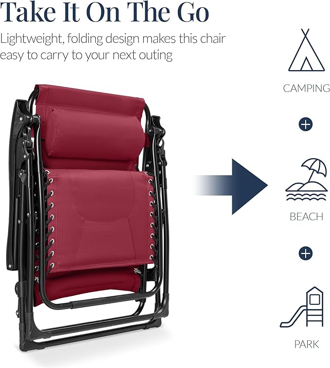 Best Choice Products Oversized Padded Zero Gravity Chair, Folding Outdoor Patio Recliner, XL Anti Gravity Lounger for Backyard w/Headrest, Cup Holder, Side Tray, Polyester Mesh - Burgundy - Image 5
