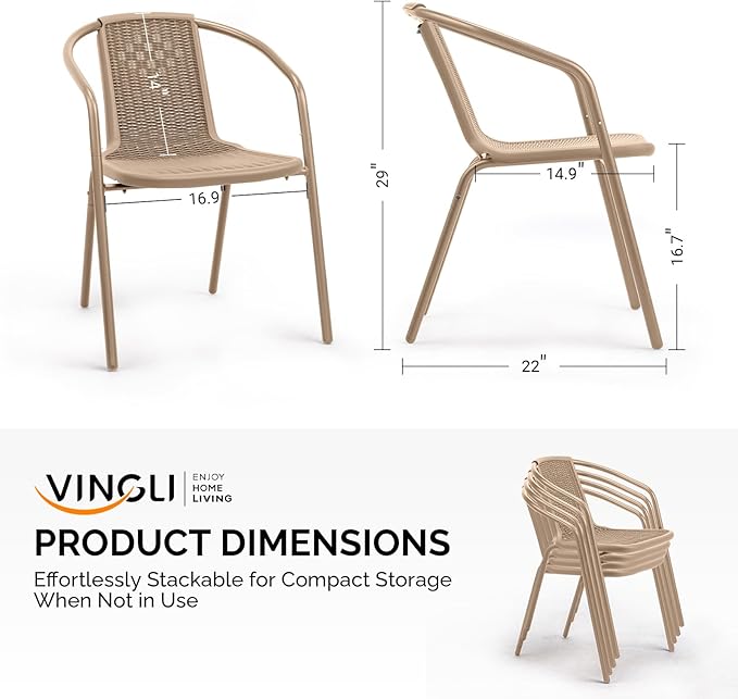 VINGLI PE Rattan Outdoor Dining Chairs Set of 2, Plastic Stackable Patio Chairs for Indoor, Porch, Restaurant, Garden,Champagne - Image 3