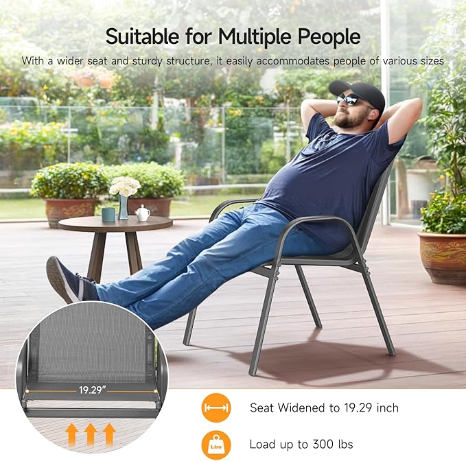 ONBRILL Patio Chairs set of 6, Easy Assembly Stackable Outdoor Dining Chairs with Wide Seat and Sturdy Metal Frame, Breathable All Weather Textilene Outdoor Chairs Set of 6 for Deck, Pool, Porch, Grey - Image 5