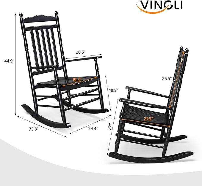VINGLI Wooden Rocking Chair, Outdoor Chair with 450 lbs Support, Relaxing Rocker with Solid Wood High Back Seat Reclining Seat for Deck, Garden, Backyard, Porch, Indoor or Outdoor Use (Black, 1PC) - Image 3