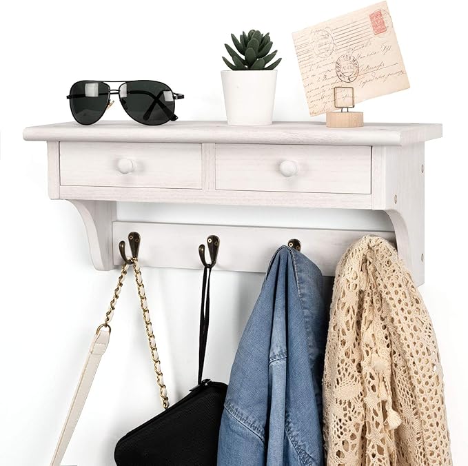 Emfogo Coat Hooks Wall Mounted, Rustic Wood Coat Rack Wall Mount Shelf - Image 2