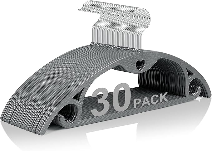 Grey Plastic Hangers 30 Pack, No Shoulder Bumps Ultra Thin Space Saving Clothes by TARANCH