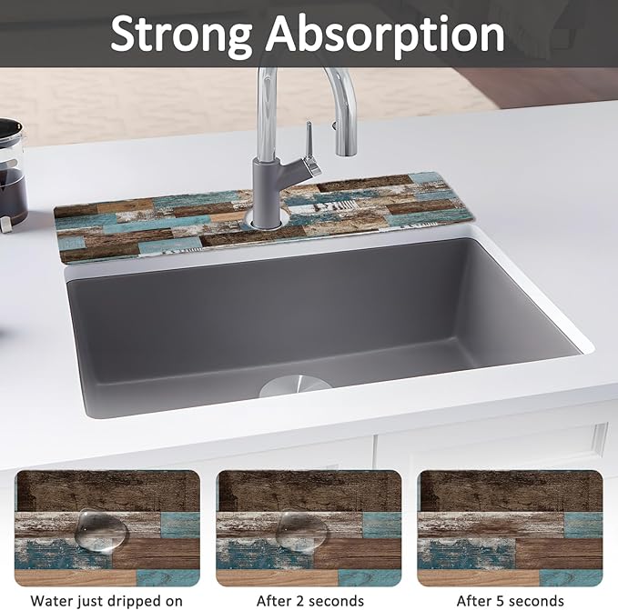 2PCS 24" X 5.5" Kitchen Sink Splash Guard Faucet Mat Wood Grain Super Absorbent - Image 3