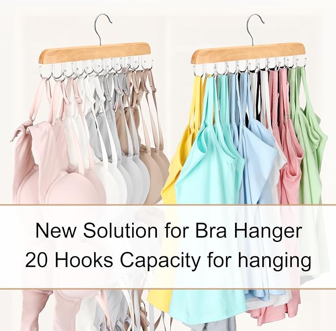 Bra Hanger for Closet, Tank Top Organizer 20 Hooks Capacity Foldable Wood Space - Image 2