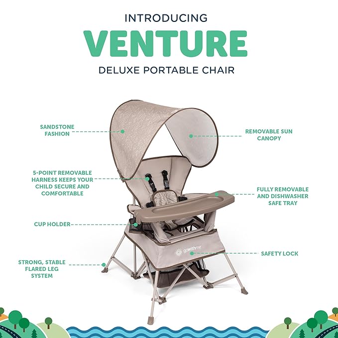 Baby Delight Go with Me Venture Portable Chair | Indoor and Outdoor | Sun Canopy | 3 Child Growth Stages | Sandstone - Image 3