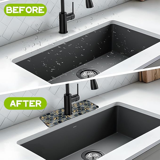 Kitchen Sink Splash Hexagon Marble and Golden Leaves Guard Faucet Mat Super - Image 6