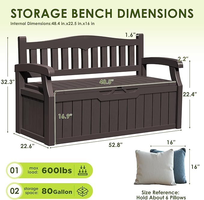Greesum 80 Gallon Outdoor Storage Bench, Resin Patio Furniture with Armrest,Waterproof and UV-Resistant, Perfect to Garden, Poolside and Lawn, Dark Brown - Image 3