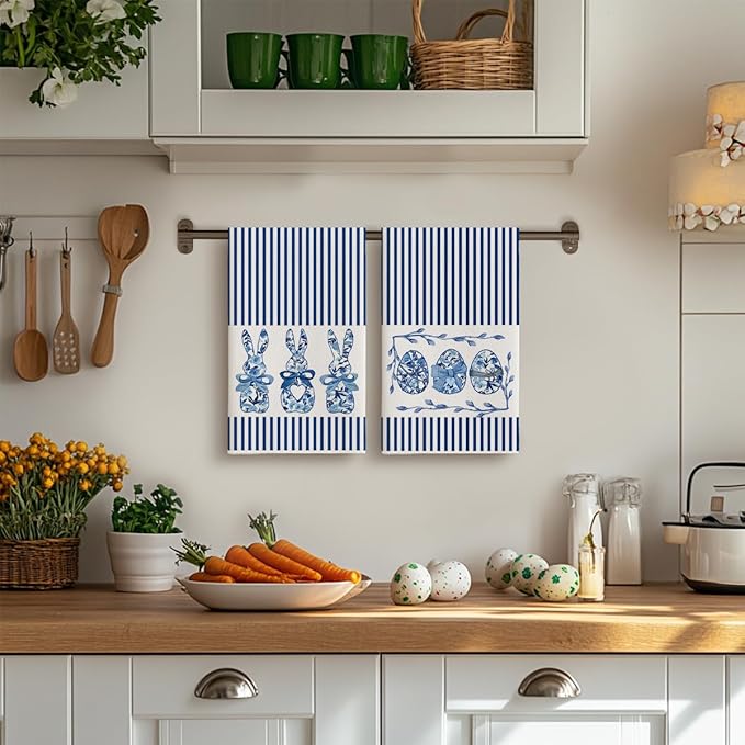 Artoid Mode Blue Stripe Rabbit Bunny Eggs Easter Kitchen Towels Dish Towels - Image 4