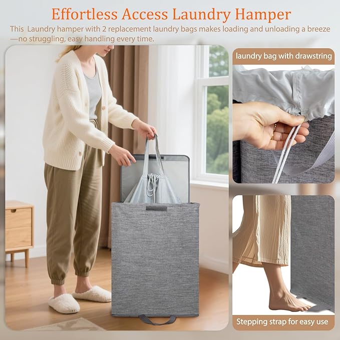 Foldable Laundry Hamper with 2 Removable Drawstring Bags, Portable Laundry - Image 3