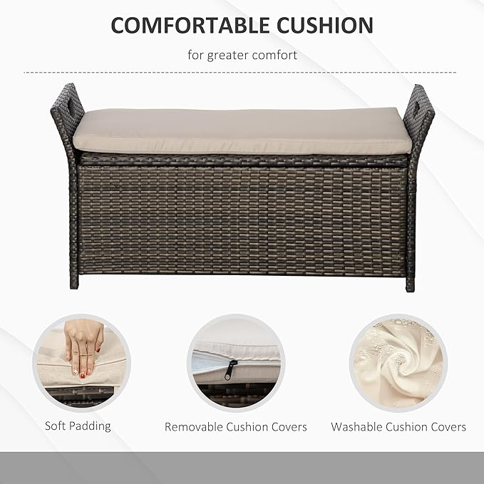 Outsunny 29 Gallon Patio Wicker Storage Bench, Outdoor PE Rattan Patio Furniture, 2-in-1 Large Capacity Rectangle Garden Storage Box with Handles and Cushion, Cream White - Image 5