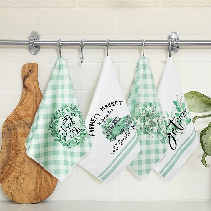 Set of 6 Eucalyptus Kitchen Towels Green Leaves Dishtowels Absorbent Spring - Image 2