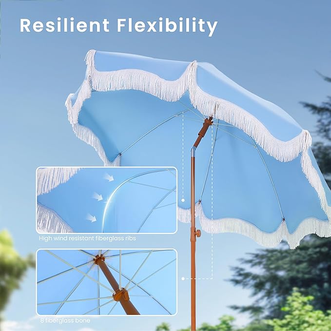 PHI VILLA 7ft Beach Umbrella with Fringe & Sand Anchor, Outdoor Patio Heavy Duty Windproof Portable Tassel Umbrellas for Sand with Push Button Tilt & Carrying Bag, UPF 50+, Light Blue (No Base) - Image 3