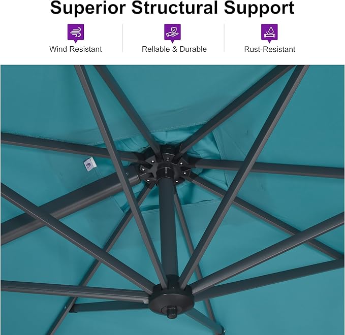 PURPLE LEAF 10 Feet Cantilever Umbrella with Base Outdoor Patio Round Umbrella Aluminum Offset with 360-degree Rotation for Garden Deck Pool Patio,Turquoise Blue - Image 3