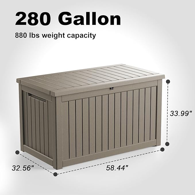280 Gallon Outdoor Storage Box, Large Resin Deck Box for Patio Cushions, Garden Tools, Pool Accessories, Waterproof and Lockable Design, Storage Bench for Backyard & Deck(Gray) - Image 2