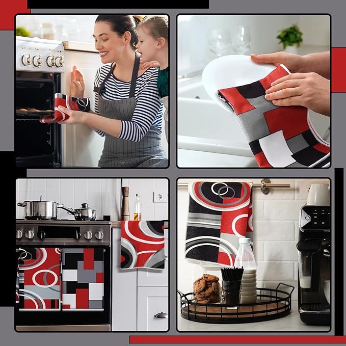Boyiee Set of 6 Red Black Grey White Kitchen Towels Modern Geometric Dish Hand - Image 5