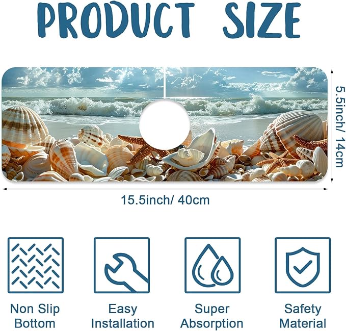 Beach Kitchen Sink Splash Guard Faucet Mat Shells Starfish Waves Super - Image 2