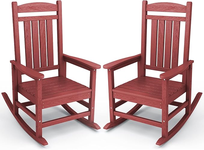 KINGYES Outdoor Rocking Chair Set of 2, High Density Polyethylene Patio Rocking Chairs with 330lbs Support for Adults, Dark Red by KINGYES