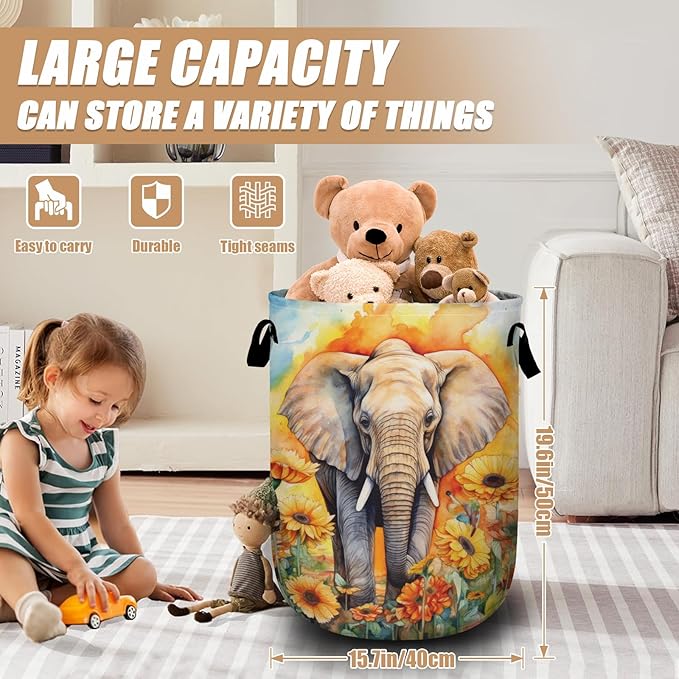Watercolor Elephant Sunflower Laundry Basket, Foldable Wild Animals Laundry - Image 2
