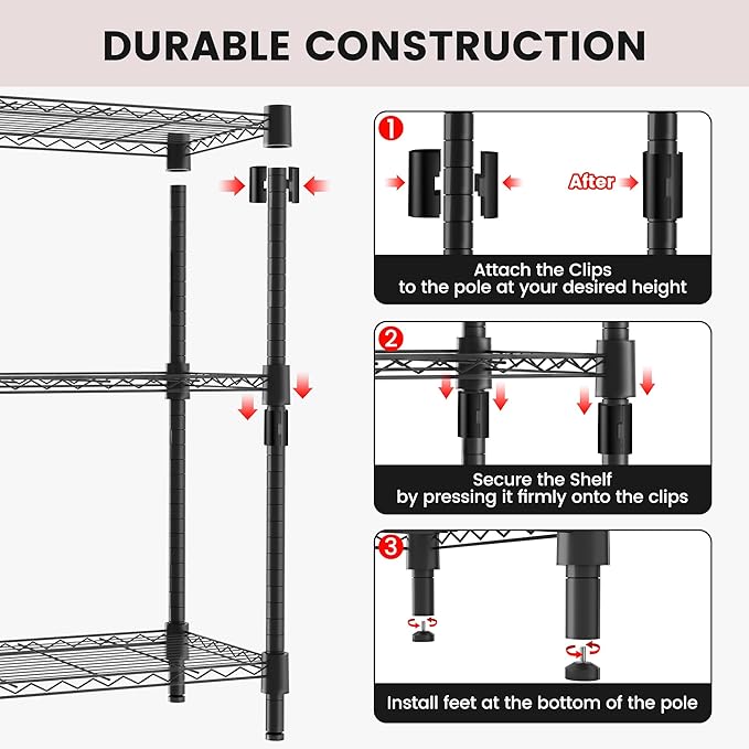 Xcity Storage Shelves, 3 Tier Heavy Duty Metal Shelving Unit with Wheels, 1050 LBS Capacity Adjustable Steel Wire Shelf Organizer for Pantry, Kitchen, Garage, 14" D x 24" W x 30" H, Black - Image 6