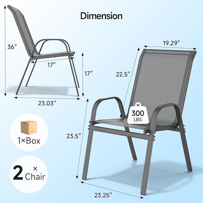 ONBRILL Patio Chairs set of 2, Easy Assembly Stackable Outdoor Dining Chairs with Wide Seat and Sturdy Metal Frame, Breathable All Weather Textilene Outdoor Chairs Set of 2 for Deck, Pool, Porch, Grey - Image 2